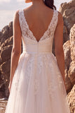 Vestido de Noiva Midi Branco A-Line de Decote em V, floral aplicado