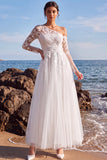 Vestido de Noiva Longo Branco de Linha A, Um Ombro Aplicado em Tule