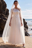 Vestido de Noiva Longo Branco de Linha A, Um Ombro Aplicado em Tule