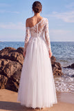 Vestido de Noiva Longo Branco de Linha A, Um Ombro Aplicado em Tule