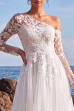 Vestido de Noiva Longo Branco de Linha A, Um Ombro Aplicado em Tule