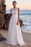 Vestido de noiva longo com decote longo em linha em A, bordado em A, Floral