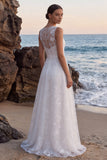 Vestido de noiva longo com decote longo em linha em A, bordado em A, Floral