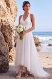 Vestido de Noiva Branco A-Line em V, decote alto-baixo