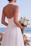 Vestido de Noiva Branco A-Line em V, decote alto-baixo