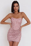 Corset cor-de-rosa com lantejoulas franzidas, vestido de cocktail curto bodycon sem alças