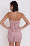 Corset cor-de-rosa com lantejoulas franzidas, vestido de cocktail curto bodycon sem alças