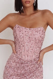 Corset cor-de-rosa com lantejoulas franzidas, vestido de cocktail curto bodycon sem alças