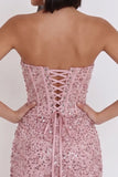 Corset cor-de-rosa com lantejoulas franzidas, vestido de cocktail curto bodycon sem alças
