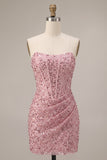 Corset cor-de-rosa com lantejoulas franzidas, vestido de cocktail curto bodycon sem alças
