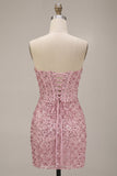 Corset cor-de-rosa com lantejoulas franzidas, vestido de cocktail curto bodycon sem alças