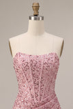 Corset cor-de-rosa com lantejoulas franzidas, vestido de cocktail curto bodycon sem alças