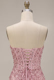 Corset cor-de-rosa com lantejoulas franzidas, vestido de cocktail curto bodycon sem alças