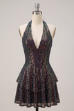 Vestido de cocktail curto preto com gola alta, decote em camadas, lantejoulas com folhos e camadas
