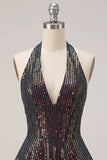 Vestido de cocktail curto preto com gola alta, decote em camadas, lantejoulas com folhos e camadas
