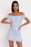 Vestido de cocktail azul céu com lantejoulas com folhos em tule com folhos