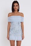 Vestido de cocktail azul céu com lantejoulas com folhos em tule com folhos