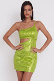 Vestido de cocktail curto com lantejoulas bodycon recortado com um ombro amarelo e verde