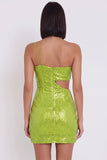 Vestido de cocktail curto com lantejoulas bodycon recortado com um ombro amarelo e verde