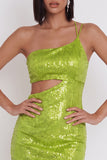 Vestido de cocktail curto com lantejoulas bodycon recortado com um ombro amarelo e verde