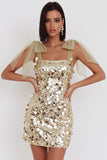 Vestido Curto de Homecoming Bodycon com Lantejoulas de Champanhe Brilhante com Tiras de Laço