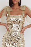 Vestido Curto de Homecoming Bodycon com Lantejoulas de Champanhe Brilhante com Tiras de Laço