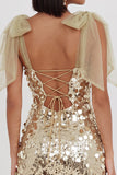 Vestido Curto de Homecoming Bodycon com Lantejoulas de Champanhe Brilhante com Tiras de Laço
