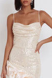 Vestido cocktail Midi com gola marfim com decote assimétrico com folhos e bainha baixa