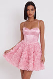 Espartilho cor-de-rosa A-Line 3D A-Line Floral Vestido Curto de Regresso a Casa com Renda nas Costas