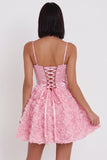 Espartilho cor-de-rosa A-Line 3D A-Line Floral Vestido Curto de Regresso a Casa com Renda nas Costas