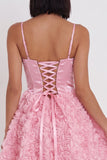 Espartilho cor-de-rosa A-Line 3D A-Line Floral Vestido Curto de Regresso a Casa com Renda nas Costas