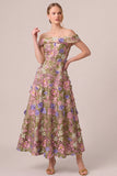 Vestido Rosa A-Line A-Line A-Shoulder Applied Midi Floral
