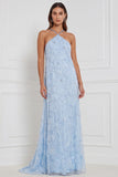 Vestido comprido de dama de honor azul claro A-Line A-Line floral com missangas