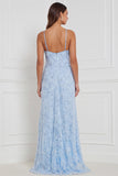 Vestido comprido de dama de honor azul claro A-Line A-Line floral com missangas