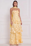 Vestido comprido de dama de honor azul-claro Strapless A-Line Flor 3D em camadas