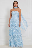Vestido comprido de dama de honor azul-claro Strapless A-Line Flor 3D em camadas