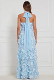 Vestido comprido de dama de honor azul-claro Strapless A-Line Flor 3D em camadas