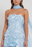 Vestido comprido de dama de honor azul-claro Strapless A-Line Flor 3D em camadas