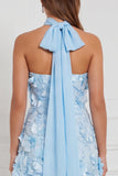 Vestido comprido de dama de honor azul-claro Strapless A-Line Flor 3D em camadas