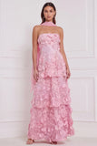 Vestido comprido de dama de honor azul-claro Strapless A-Line Flor 3D em camadas
