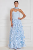 Vestido longo de dama de honor azul claro A-Line Floral sem alças com aplicação e flor 3D