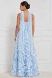 Vestido longo de dama de honor azul claro A-Line Floral sem alças com aplicação e flor 3D