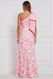 Vestido de dama de honor longo com aplicação floral de um ombro em forma de narciso e laço