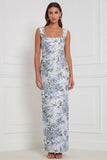 Vestido de dama de honor longo, decote quadrado com flores de sálvia, decote quadrado