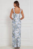Vestido de dama de honor longo, decote quadrado com flores de sálvia, decote quadrado