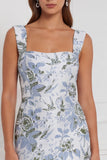 Vestido de dama de honor longo, decote quadrado com flores de sálvia, decote quadrado