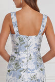 Vestido de dama de honor longo, decote quadrado com flores de sálvia, decote quadrado