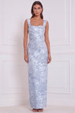 Vestido de dama de honor longo, decote quadrado com flores de sálvia, decote quadrado