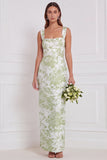 Vestido de dama de honor longo, decote quadrado com flores de sálvia, decote quadrado