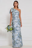 Vestido comprido de dama de honor azul empoeirado, azul empoeirado, com laço